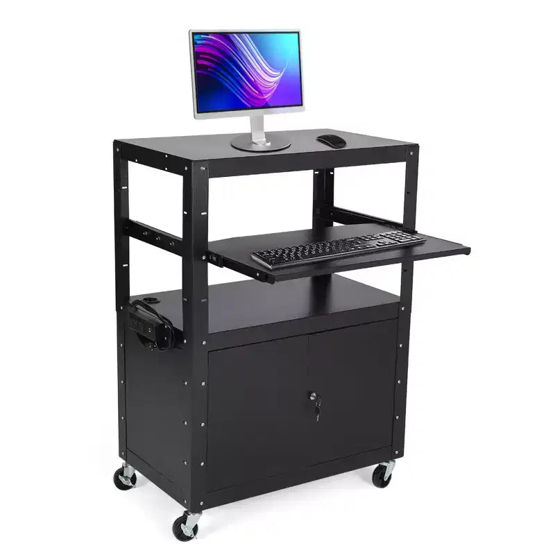 Rolling AV Cart with Lockable Cabinet, 24-42 Height Adjustable, Non-Slip Mat, 100-Pound Capacity, Mobile Workstation with Extra Storage