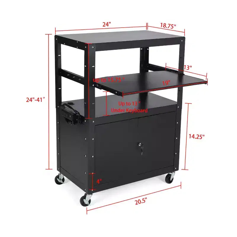 Carrello AV Rotante con Armadietto Bloccabile, Regolabile in Altezza 24-42, Tappetino Antiscivolo, Capacità di 45 kg, Postazione di Lavoro Mobile con Spazio di Archiviazione Extra