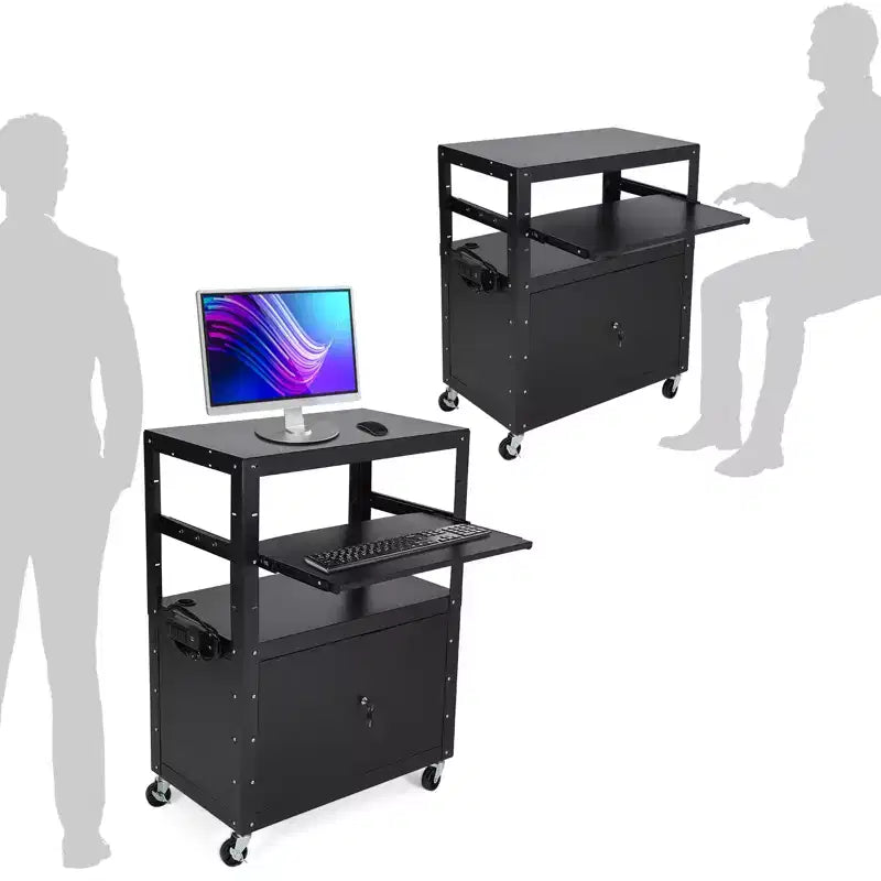 Carrello AV Rotante con Armadietto Bloccabile, Regolabile in Altezza 24-42, Tappetino Antiscivolo, Capacità di 45 kg, Postazione di Lavoro Mobile con Spazio di Archiviazione Extra