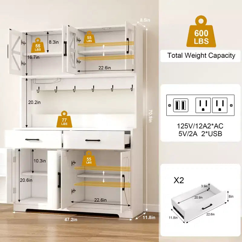 Dyonery 71 Armadietto da cucina a dispensa con 71 LED e presa di corrente, Armadietto per bar caffè, Credenza a buffet grande da cucina con porta-oggetti e scaffali