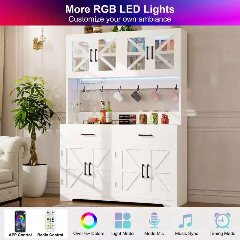 Dyonery 71 Armadietto da cucina a dispensa con 71 LED e presa di corrente, Armadietto per bar caffè, Credenza a buffet grande da cucina con porta-oggetti e scaffali