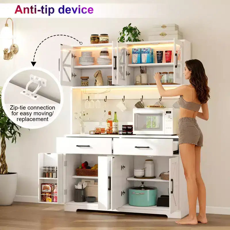 Dyonery 71 Armadietto da cucina a dispensa con 71 LED e presa di corrente, Armadietto per bar caffè, Credenza a buffet grande da cucina con porta-oggetti e scaffali