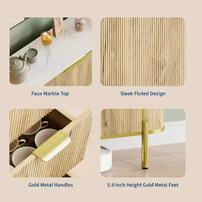 Credenza Ovale Moderna da 150 cm, Mobile Buffet Scanalato con 3 Cassetti e Ripiano Regolabile, Grande Consolle in Legno per Sala da Pranzo, Cucina