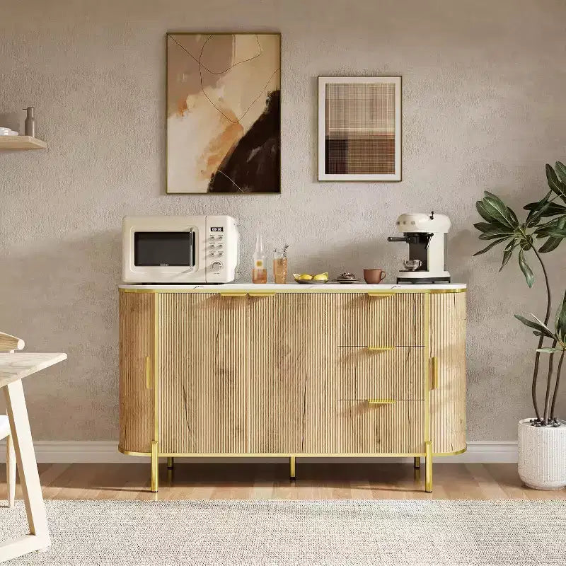 Credenza Ovale Moderna da 150 cm, Mobile Buffet Scanalato con 3 Cassetti e Ripiano Regolabile, Grande Consolle in Legno per Sala da Pranzo, Cucina