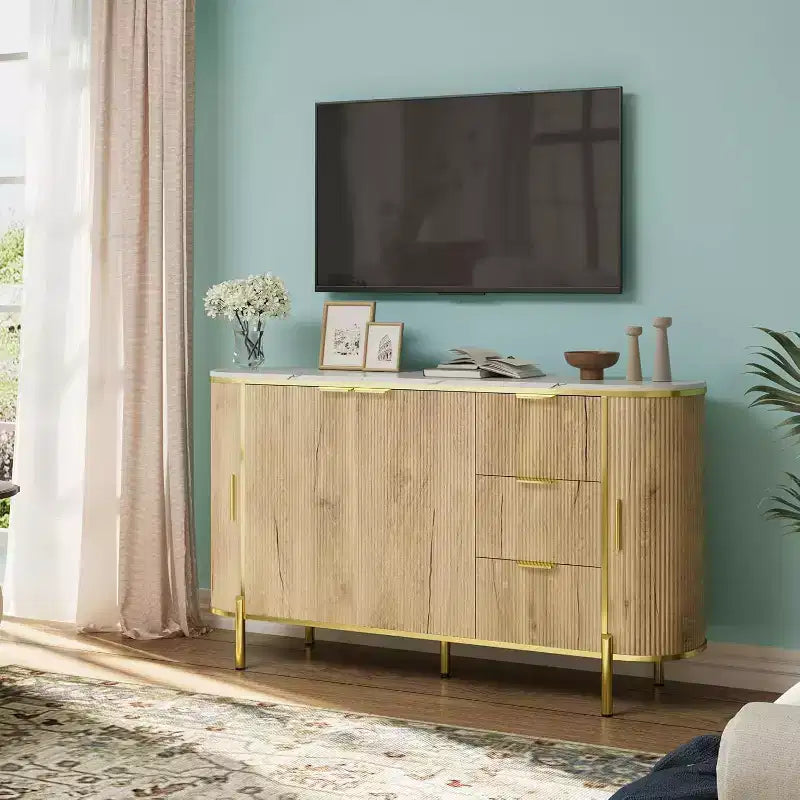 Credenza Ovale Moderna da 150 cm, Mobile Buffet Scanalato con 3 Cassetti e Ripiano Regolabile, Grande Consolle in Legno per Sala da Pranzo, Cucina