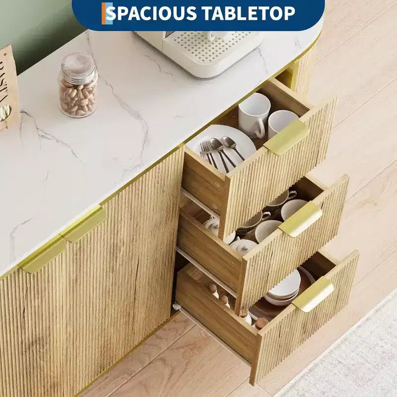 Credenza Ovale Moderna da 150 cm, Mobile Buffet Scanalato con 3 Cassetti e Ripiano Regolabile, Grande Consolle in Legno per Sala da Pranzo, Cucina