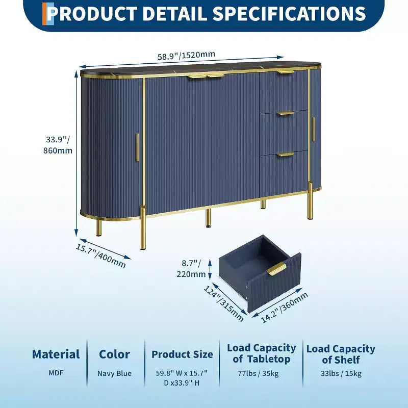 Credenza Ovale Moderna da 150 cm, Mobile Buffet Scanalato con 3 Cassetti e Ripiano Regolabile, Grande Consolle in Legno per Sala da Pranzo, Cucina