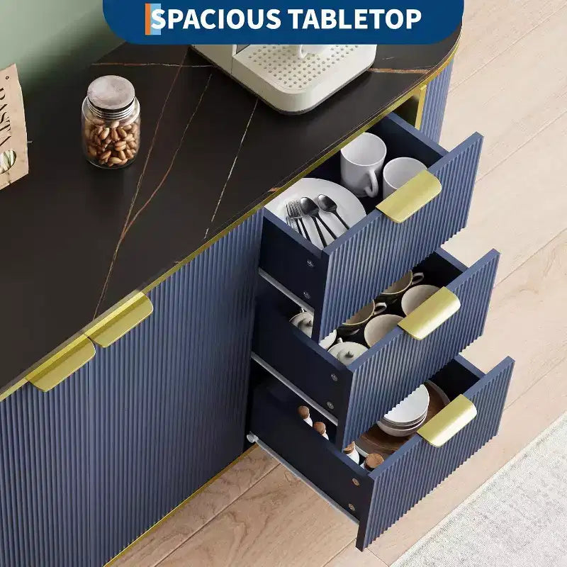 Credenza Ovale Moderna da 150 cm, Mobile Buffet Scanalato con 3 Cassetti e Ripiano Regolabile, Grande Consolle in Legno per Sala da Pranzo, Cucina