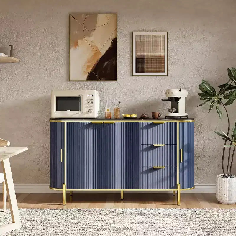 Credenza Ovale Moderna da 150 cm, Mobile Buffet Scanalato con 3 Cassetti e Ripiano Regolabile, Grande Consolle in Legno per Sala da Pranzo, Cucina