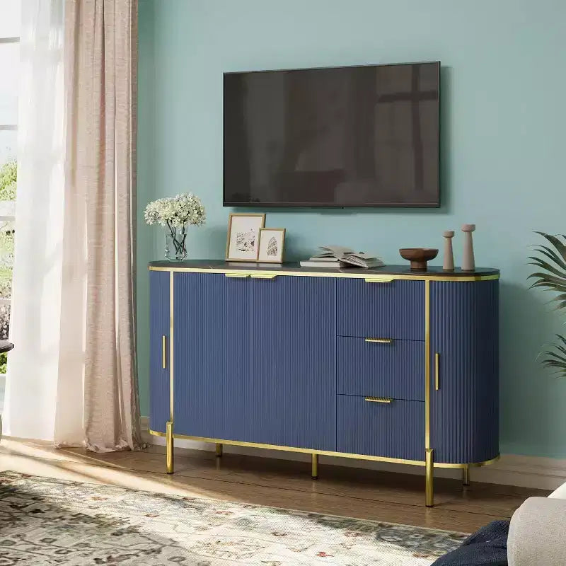 Credenza Ovale Moderna da 150 cm, Mobile Buffet Scanalato con 3 Cassetti e Ripiano Regolabile, Grande Consolle in Legno per Sala da Pranzo, Cucina