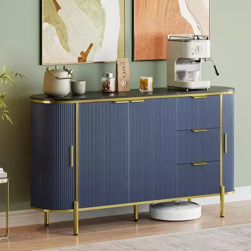 Credenza Ovale Moderna da 150 cm, Mobile Buffet Scanalato con 3 Cassetti e Ripiano Regolabile, Grande Consolle in Legno per Sala da Pranzo, Cucina