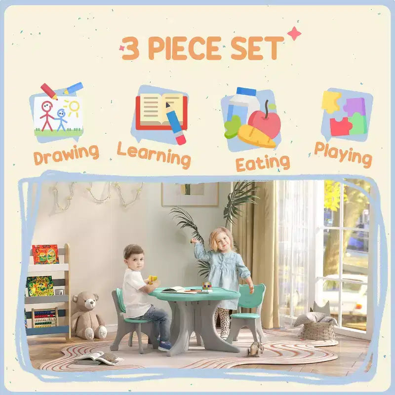 Whisen Set da Tavolo e Sedie per Bambini in 3 Pezzi, Set da Tavolo e Sedie per Bambini con Scrivania Leggera in HDPE - Azzurro