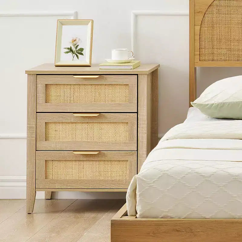 Wooden 3 Drawer Dresser,Rattan Nightstand, Metal Handle and Solid Wood Legs for Bedroom, Living Room, Entryway