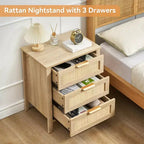 Comò in legno a 3 cassetti, comodino in rattan, maniglie in metallo e gambe in legno massiccio per camera da letto, soggiorno, ingresso