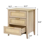 Comò in legno a 3 cassetti, comodino in rattan, maniglie in metallo e gambe in legno massiccio per camera da letto, soggiorno, ingresso