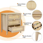 Comò in legno a 3 cassetti, comodino in rattan, maniglie in metallo e gambe in legno massiccio per camera da letto, soggiorno, ingresso