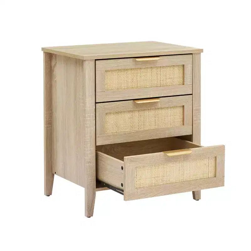 Comò in legno a 3 cassetti, comodino in rattan, maniglie in metallo e gambe in legno massiccio per camera da letto, soggiorno, ingresso