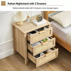 Comò in legno a 3 cassetti, comodino in rattan, maniglie in metallo e gambe in legno massiccio per camera da letto, soggiorno, ingresso
