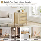 Comò in legno a 3 cassetti, comodino in rattan, maniglie in metallo e gambe in legno massiccio per camera da letto, soggiorno, ingresso