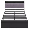 Gray upholstered headboard bed frame with storage shelves, black bed frame with charging station, no spring mattress required, king size.