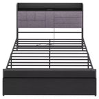 Gray upholstered headboard bed frame with storage shelves, black bed frame with charging station, no spring mattress required, king size.
