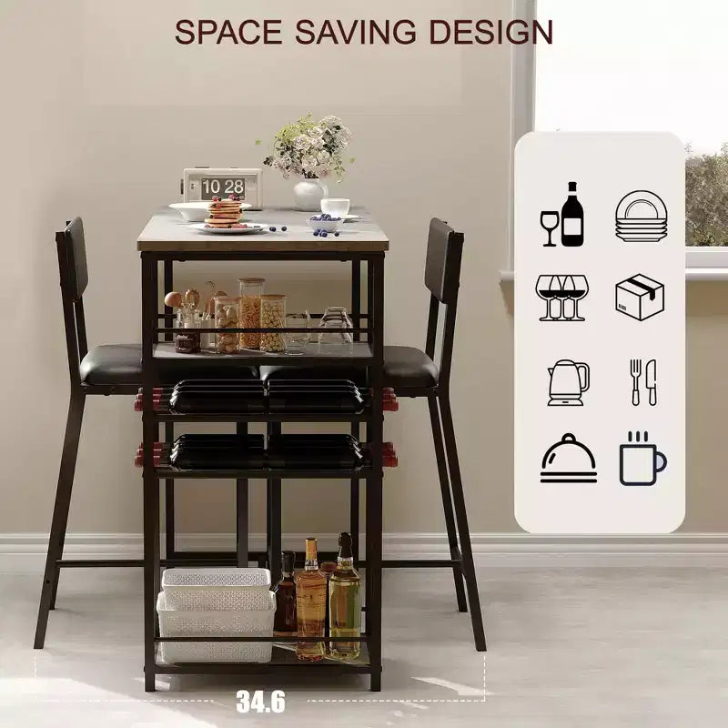 COZONY Set da Pranzo a 2 Posti ad Altezza Bancone con Contenitore, Sedie Imbottite per Cucina e Angolo Colazione per Piccoli Spazi