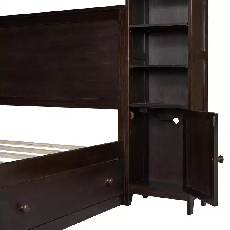 Letto a Piattaforma Queen Size con Armadio Tutto-in-Uno e Ripiano Portaoggetti, Struttura Letto Queen in Legno con 4 Cassetti e Prese