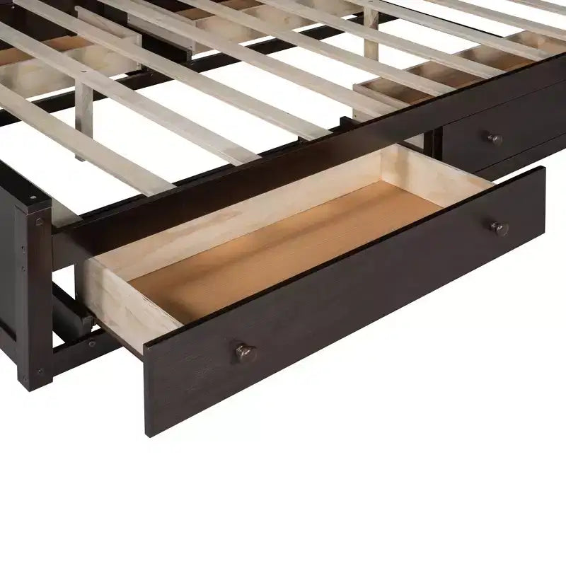 Letto a Piattaforma Queen Size con Armadio Tutto-in-Uno e Ripiano Portaoggetti, Struttura Letto Queen in Legno con 4 Cassetti e Prese
