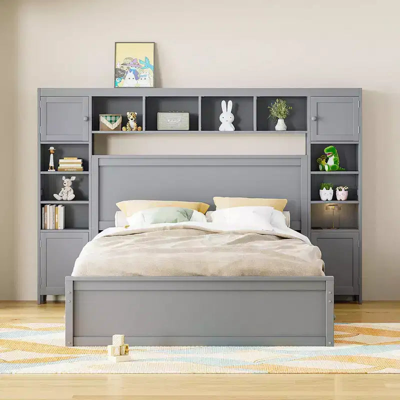 Letto a Piattaforma Queen Size con Armadio Tutto-in-Uno e Ripiano Portaoggetti, Struttura Letto Queen in Legno con 4 Cassetti e Prese