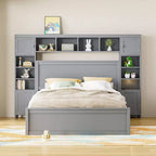 Letto a Piattaforma Queen Size con Armadio Tutto-in-Uno e Ripiano Portaoggetti, Struttura Letto Queen in Legno con 4 Cassetti e Prese