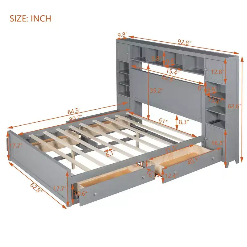 Letto a Piattaforma Queen Size con Armadio Tutto-in-Uno e Ripiano Portaoggetti, Struttura Letto Queen in Legno con 4 Cassetti e Prese