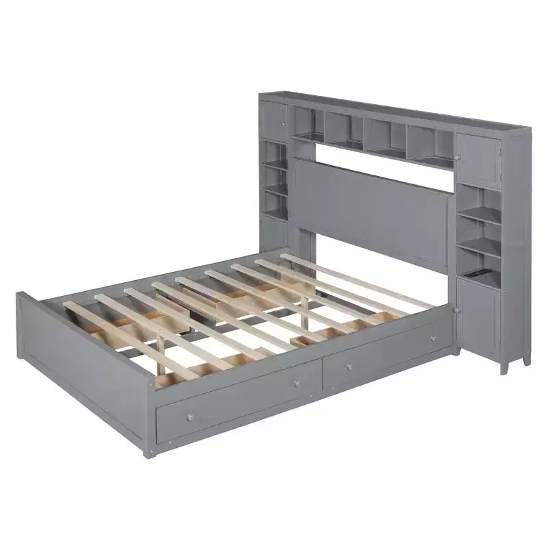 Letto a Piattaforma Queen Size con Armadio Tutto-in-Uno e Ripiano Portaoggetti, Struttura Letto Queen in Legno con 4 Cassetti e Prese