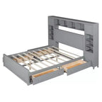 Letto a Piattaforma Queen Size con Armadio Tutto-in-Uno e Ripiano Portaoggetti, Struttura Letto Queen in Legno con 4 Cassetti e Prese