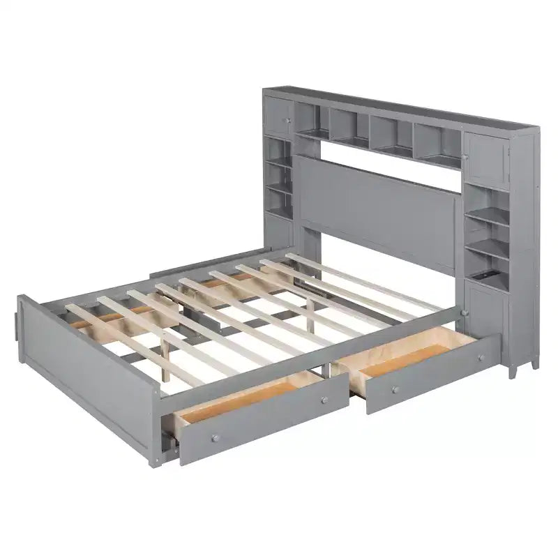 Letto a Piattaforma Queen Size con Armadio Tutto-in-Uno e Ripiano Portaoggetti, Struttura Letto Queen in Legno con 4 Cassetti e Prese