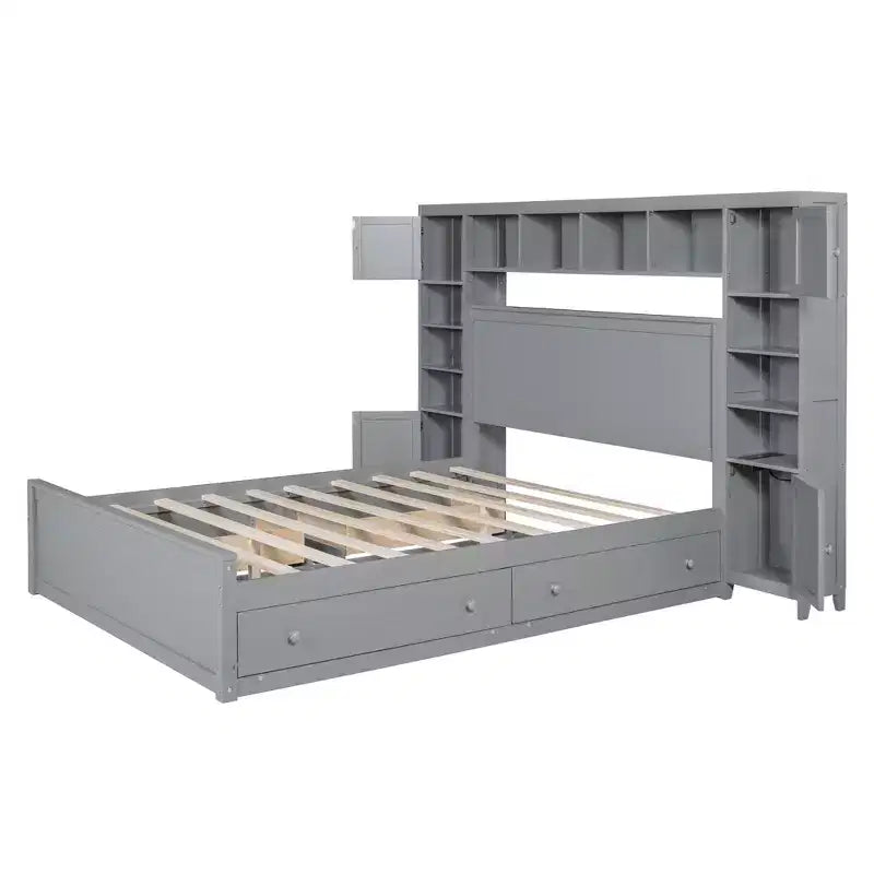 Letto a Piattaforma Queen Size con Armadio Tutto-in-Uno e Ripiano Portaoggetti, Struttura Letto Queen in Legno con 4 Cassetti e Prese