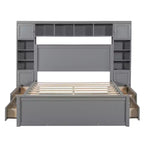 Letto a Piattaforma Queen Size con Armadio Tutto-in-Uno e Ripiano Portaoggetti, Struttura Letto Queen in Legno con 4 Cassetti e Prese