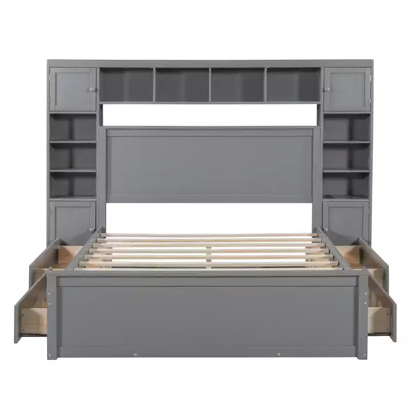 Letto a Piattaforma Queen Size con Armadio Tutto-in-Uno e Ripiano Portaoggetti, Struttura Letto Queen in Legno con 4 Cassetti e Prese