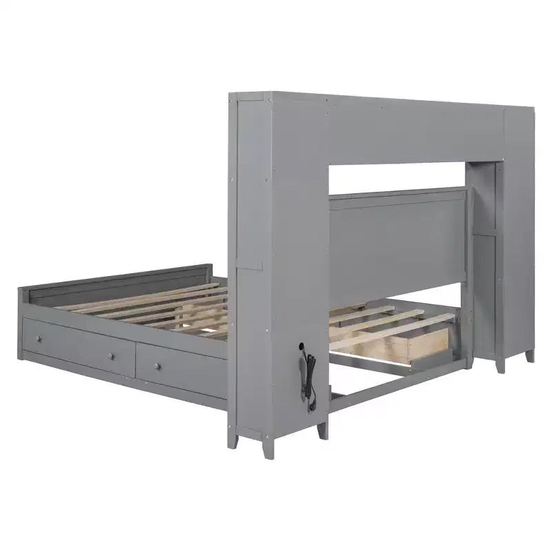 Letto a Piattaforma Queen Size con Armadio Tutto-in-Uno e Ripiano Portaoggetti, Struttura Letto Queen in Legno con 4 Cassetti e Prese