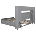 Letto a Piattaforma Queen Size con Armadio Tutto-in-Uno e Ripiano Portaoggetti, Struttura Letto Queen in Legno con 4 Cassetti e Prese