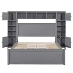 Letto a Piattaforma Queen Size con Armadio Tutto-in-Uno e Ripiano Portaoggetti, Struttura Letto Queen in Legno con 4 Cassetti e Prese