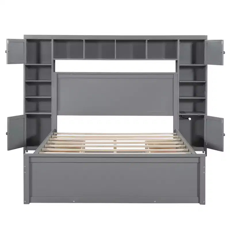 Letto a Piattaforma Queen Size con Armadio Tutto-in-Uno e Ripiano Portaoggetti, Struttura Letto Queen in Legno con 4 Cassetti e Prese