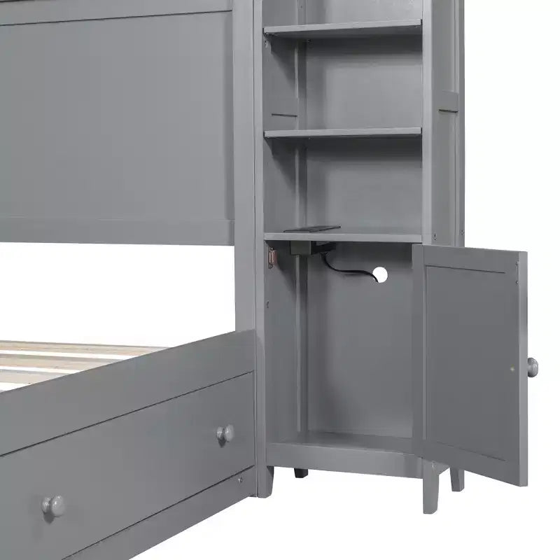 Letto a Piattaforma Queen Size con Armadio Tutto-in-Uno e Ripiano Portaoggetti, Struttura Letto Queen in Legno con 4 Cassetti e Prese