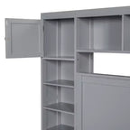Letto a Piattaforma Queen Size con Armadio Tutto-in-Uno e Ripiano Portaoggetti, Struttura Letto Queen in Legno con 4 Cassetti e Prese