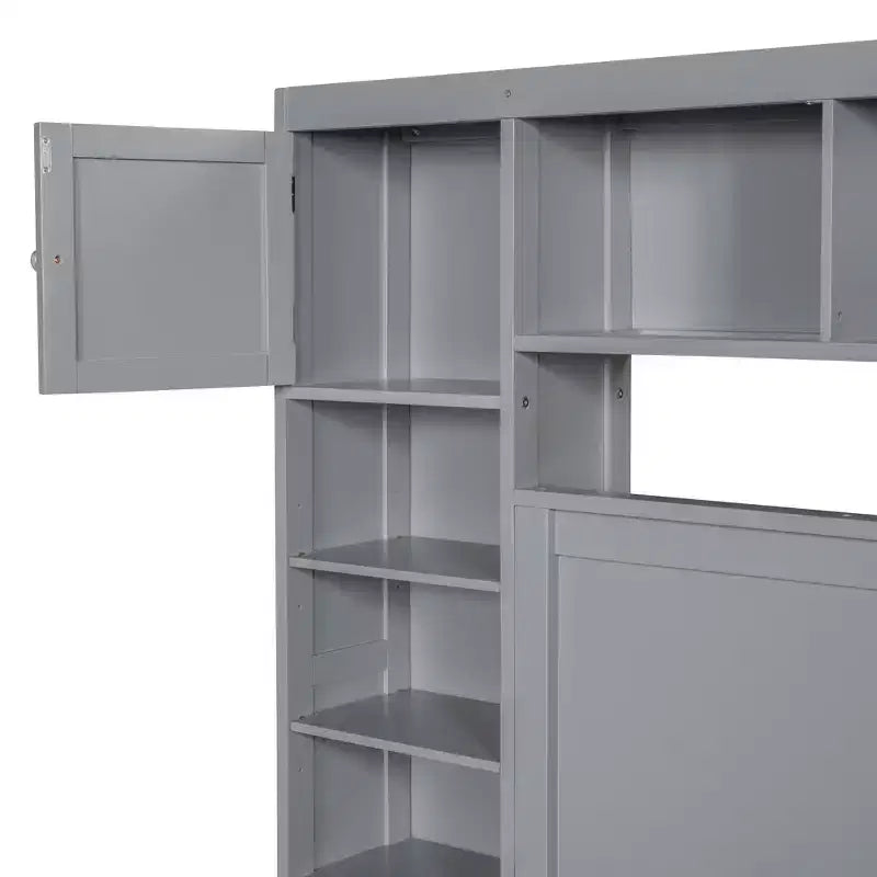 Letto a Piattaforma Queen Size con Armadio Tutto-in-Uno e Ripiano Portaoggetti, Struttura Letto Queen in Legno con 4 Cassetti e Prese