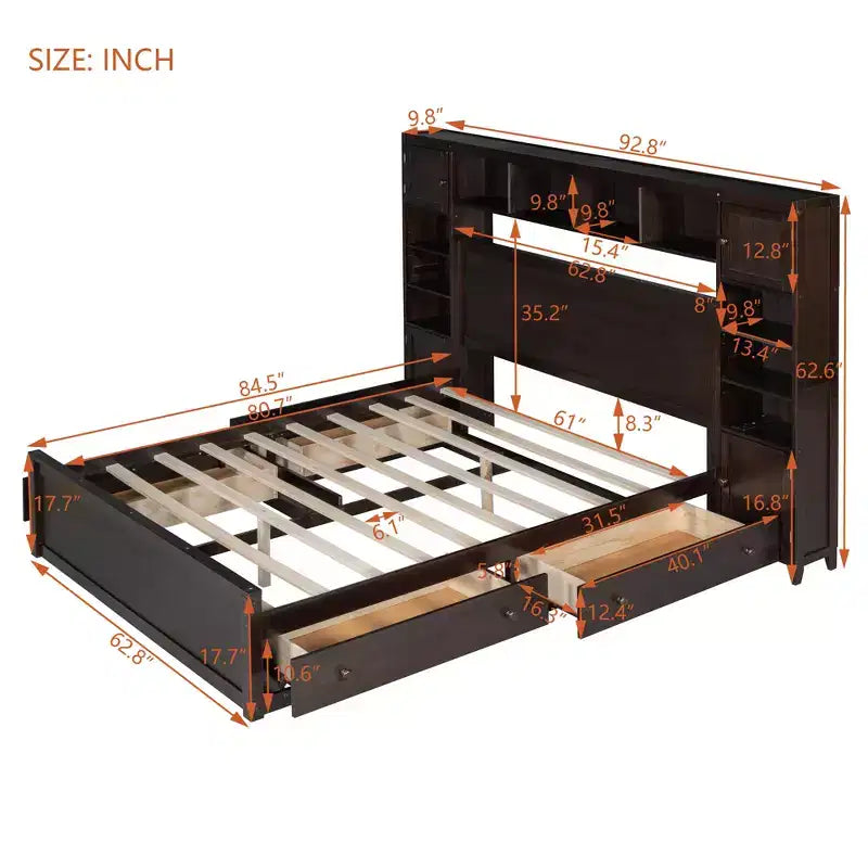 Letto a Piattaforma Queen Size con Armadio Tutto-in-Uno e Ripiano Portaoggetti, Struttura Letto Queen in Legno con 4 Cassetti e Prese