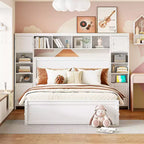 Letto a Piattaforma Queen Size con Armadio Tutto-in-Uno e Ripiano Portaoggetti, Struttura Letto Queen in Legno con 4 Cassetti e Prese