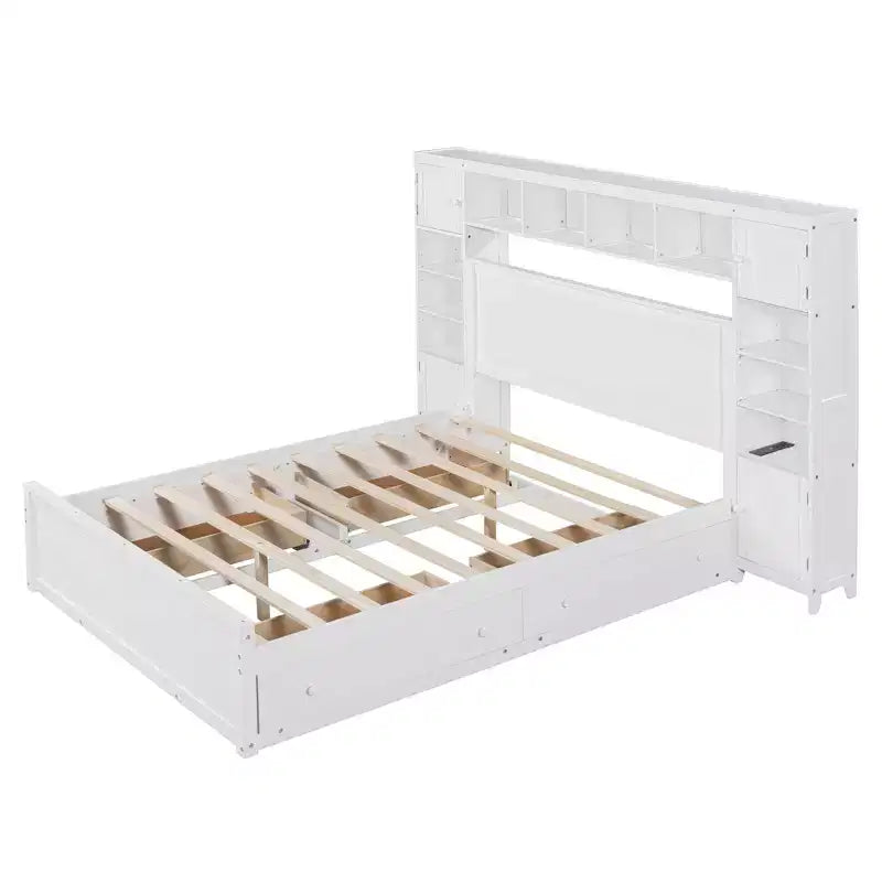 Letto a Piattaforma Queen Size con Armadio Tutto-in-Uno e Ripiano Portaoggetti, Struttura Letto Queen in Legno con 4 Cassetti e Prese