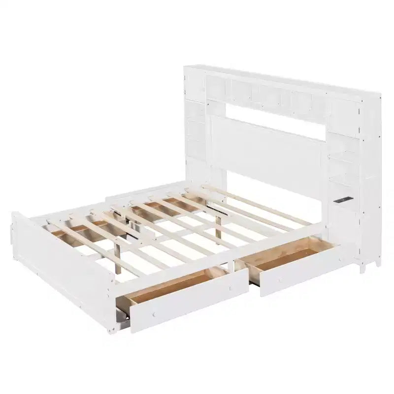 Letto a Piattaforma Queen Size con Armadio Tutto-in-Uno e Ripiano Portaoggetti, Struttura Letto Queen in Legno con 4 Cassetti e Prese