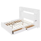 Letto a Piattaforma Queen Size con Armadio Tutto-in-Uno e Ripiano Portaoggetti, Struttura Letto Queen in Legno con 4 Cassetti e Prese