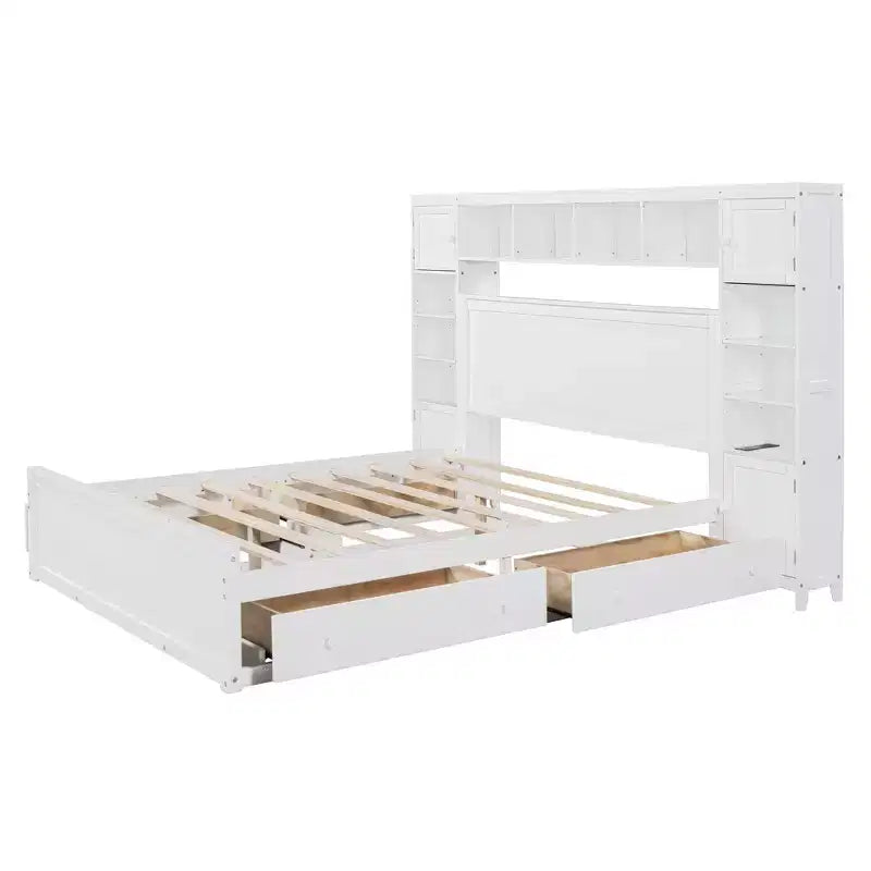 Letto a Piattaforma Queen Size con Armadio Tutto-in-Uno e Ripiano Portaoggetti, Struttura Letto Queen in Legno con 4 Cassetti e Prese
